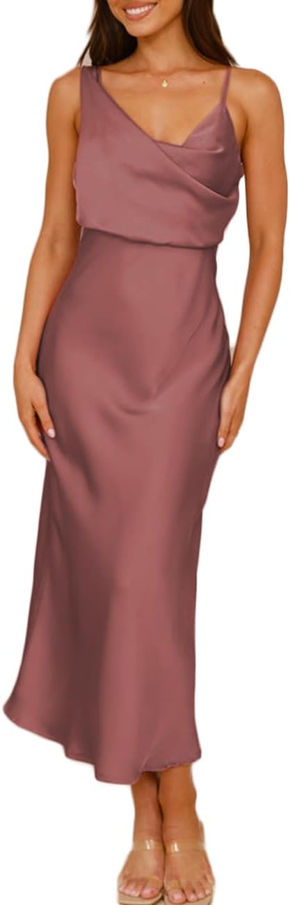 Summer Satin Cowl Neck Midi Dress for Women 2026 Elegant Formal Silk Spaghetti Strap Backless Wedding Guest Dresses