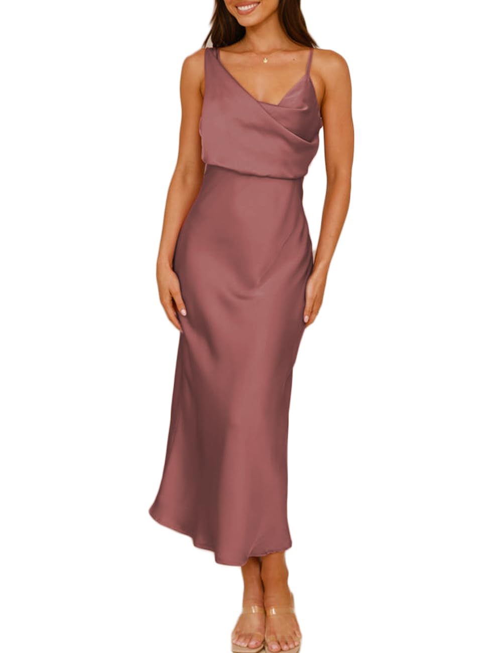 Summer Satin Cowl Neck Midi Dress for Women 2026 Elegant Formal Silk Spaghetti Strap Backless Wedding Guest Dresses