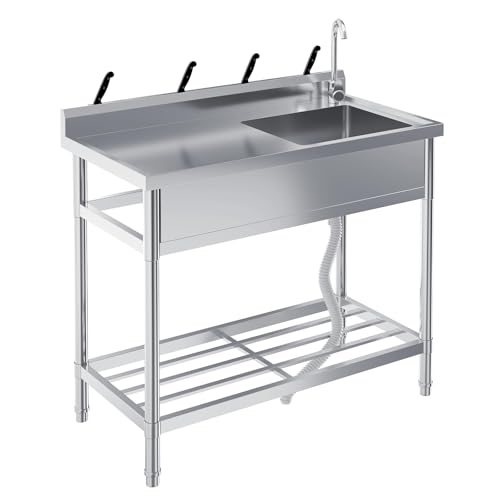 Edelstahl Spültisch 100x51x94CM, Freistehende Küchenspüle Gewerbliche Spülbecken Mit 2 Becken Wasserhahn Kalt Und Warmwasserschläuchen, Für Waschküche Outdoorküche Gastro Küchen Spulbecken