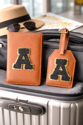 Image of Passport Cover & Bag Tag Combo | Personalized Initial Alphabet Custom A-Z Name Initial | Fits Standard Passports | Travel GiftIdeal Travel Gift for Women, Girls & Couples (Tan)