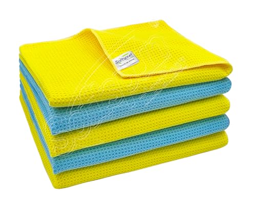 Image of SOFTSPUN Microfiber Waffle Weave Cloths, 40x60 Cms 5 Piece Towel Set 400 GSM Multicolor! Multipurpose Highly Absorbent LintStreak Free Wash Cloth for Home Kitchen Window Stainless Steel.