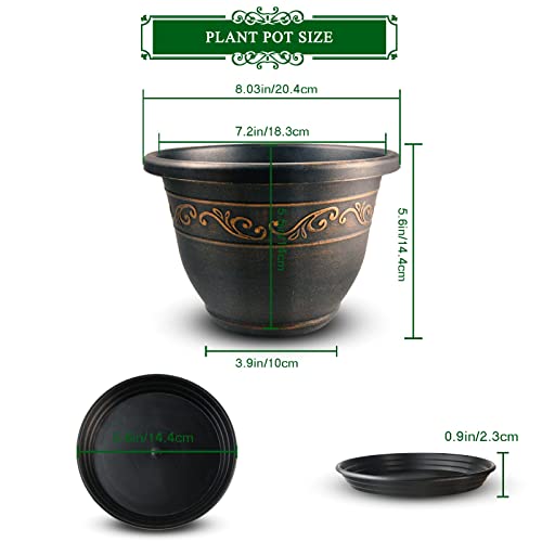 Iwelai Plastic Planter Pots, 8Pcs 8 Inch Planters Resin Planters Includes 4 Planters And 4 Trays Vintage Decorative Garden Containers With Drainage Hole Saucers For Indoor Outdoor Plant Decoration #TOP1