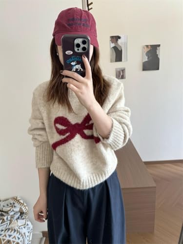 Image of Women's Y2K Bow Print Cropped Sweater Casual Loose Fit Pullover Tops Long Sleeve Crew Neck Chunky Knit Jumpers