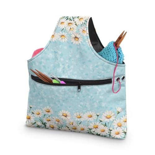 Image of KUIFORTI Daisy Knitting Yarn Bag Floral Crochet Storage Bags with Zipper Pocket Knitting Hook Storage for Travel Park, L Size