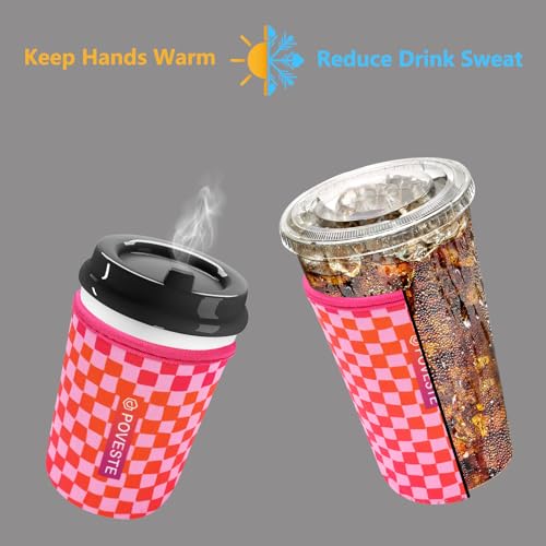 Image of Reusable Neoprene Insulator Sleeve for Iced Coffee & Cold Soda, Coffee Sleeves for Iced & Hot Drinks, Cold Beverage Cooler Compatible with Starbucks, Dunkin (Gradient Cherckerboard, Small: 16-18oz)