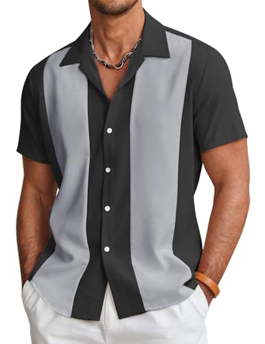 COOFANDY Mens Retro 50s Bowling Shirts Casual Button Down Short Sleeve Hawaiian Shirts Black Dark Gray