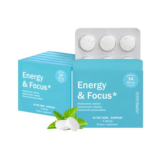 Chicle energético con cafeína, Chicle de menta para la energía y la concentración, 54 unidades, con vitaminas B, L-teanina y cafeína natural, suplemento dietético sin azúcar