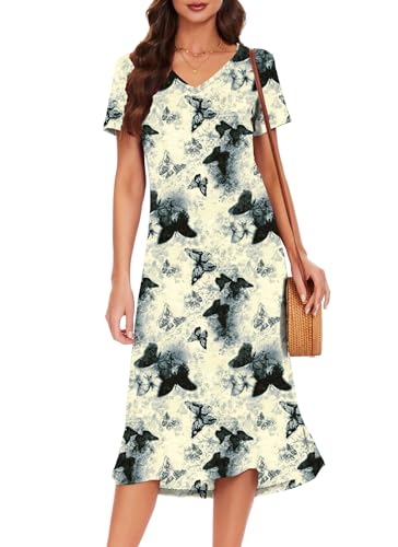 VOBCTY Women's Casual Short Sleeve Tshirt Dress Summer Side Split Loose V Neck Dresses(02-Butterfly,Large)