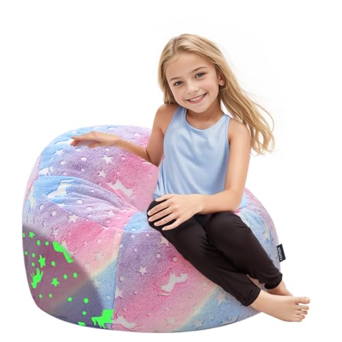 COMAX Bean Bag Chairs for Kids Unicorn Toddler BeanBag Sofa with Filler Bean Couch Stuffed for Boys and Girls Lazy Floor Chair for Playroom Nursery Room Colorful Rainbow