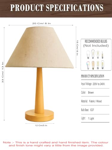 Image of Modern Wooden Table Lamp with Fabric Shade | Warm Ambient Lighting for Bedroom, Living Room & Home Decor | Bedside Nightstand Lamp with Soft Glow | Minimalist Design (Jute)