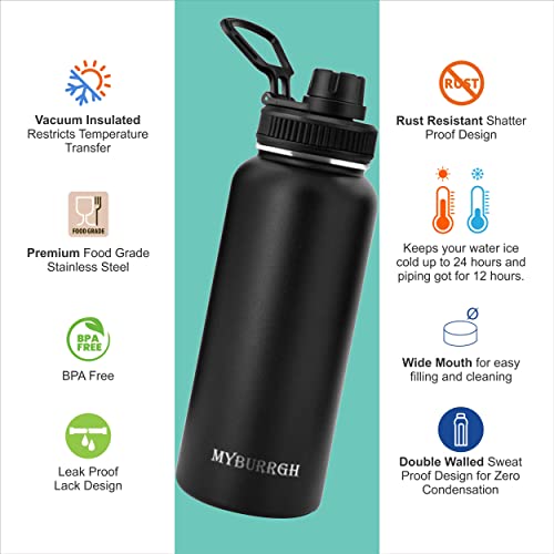 Image of Thermos Water Bottle- 1000ml with Screw /Spout Lid, Stainless Steel Double-Wall Vacuum Insulated Thermo Flask 1 Litre+ Retains Hot 12 Hours or Cold 24 Hours Temperatures (Black)
