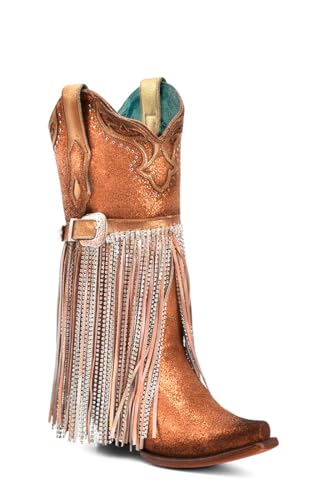 CORRAL LADIE'S BRONZE METALLIZED LEATHER & HARNESS & STUDS & FRINGES & OVERLAY & CRYSTALS, LEATHER SOLE, COWHIDE LEATHER, WESTERN BOOTS, A4537 - Main Image