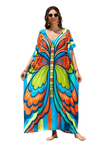 Image of sunforyou Kaftan Dresses for Women Plus Size Lightweight Swimsuit Cover up Batwing Sleeve Print Loungewear Beach Robe