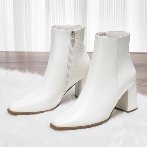 ALICEPUB Women's Ankle Boots Chunky Heel Booties Leather & Suede Dress Booties Square Toe Boots with Side Zipper4