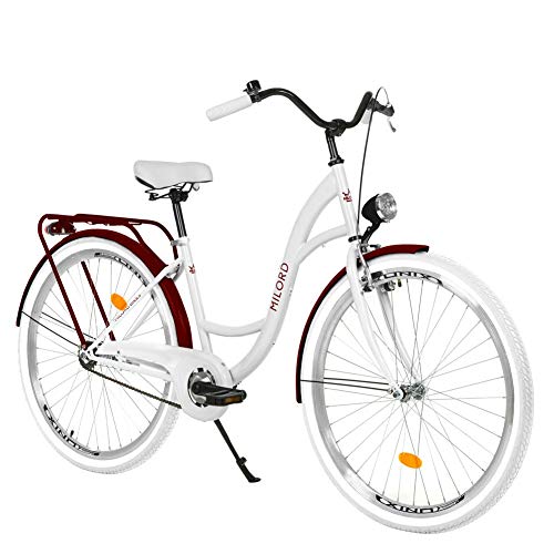 Milord Bikes Bicicleta de Confort Blanco y Burdeos de 1 Velocidad y 26 Pulgadas con Soporte Trasero, Bicicleta Holandesa, Bicicleta para Mujer, Bicicleta Urbana, Retro, Vintage