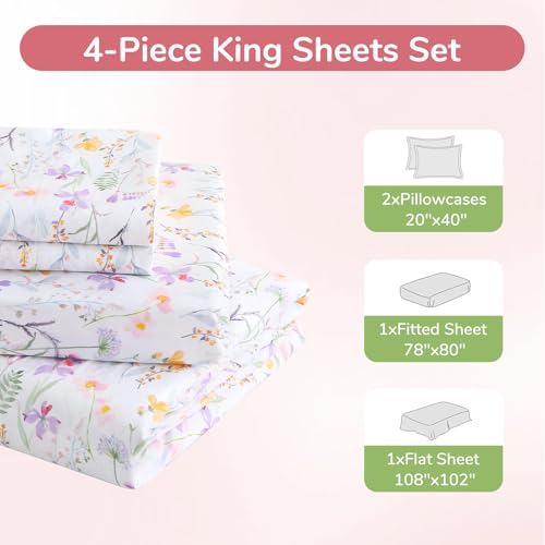 Image of MUXHOMO King Size 4 Piece Sheet Set, Soft & Breathable Sheet for Bedroom with Deep Pocket Up to 16 inch, Wrinkle-Free & Cooling Bed Sheets with Flat Sheet, Fitted Sheet & Pillowcases - Flower Scroll