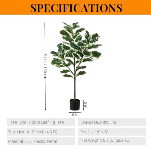 GarveeHome Artificial Fiddle Leaf Fig Tree, 51 Inch Faux Ficus Lyrata Plant with 46 Fiddle Leaves, Fake Floor Plant in Pot for Indoor Outdoor Living Room House Office Garden Decor