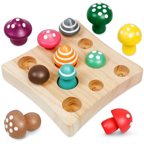 Image of NAODONGLI Toddler Toys,Montessori Wooden Sensory Early Educatioanl Learning Fine Motor & Shape Sorter Toy,Matching Games with Mushroom Puzzle,Fun Easter Basket Stuffers Gifts for Boys Girls