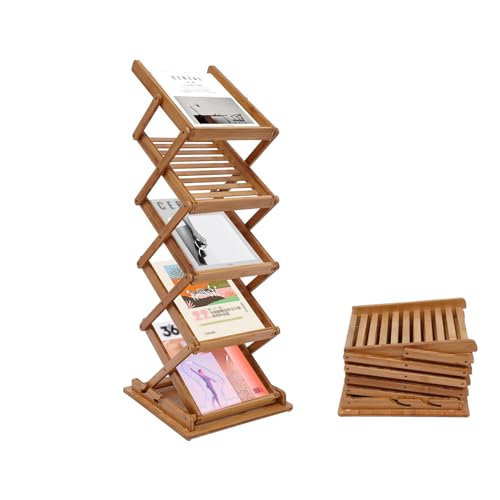 YINZINR Foldable Magazine Rack, 5 Layers Heavy Duty Bamboo Magazine Rack Foldable File Shelf Pop-up Book Stand, for Living Room, Hotel, Trade Show, Exhibition, Office
