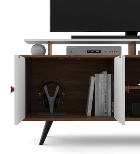 Image of A GLOBIA Creations Fynix TV Unit | Engineered Wood | TV Stand with Storage Cabinets & Open Shelves | Exotic Teak & Frosty White Finish | Knock Down | 36 Months Warranty