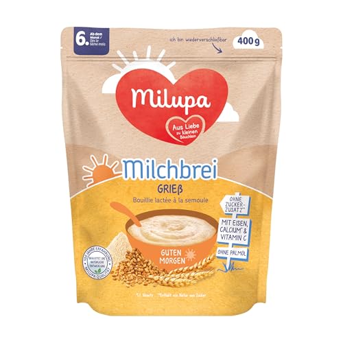 Milupa Milchbrei Grieß – Babybrei ohne Palmöl – Frei von Konservierungs- und Farbstoffen – Ab dem 6. Monat – 4 x 400 g