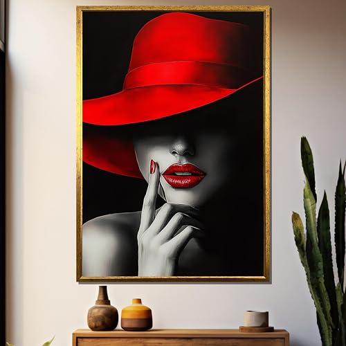 Tableau femme au chapeau rouge en toile 60x90 cm avec cadre