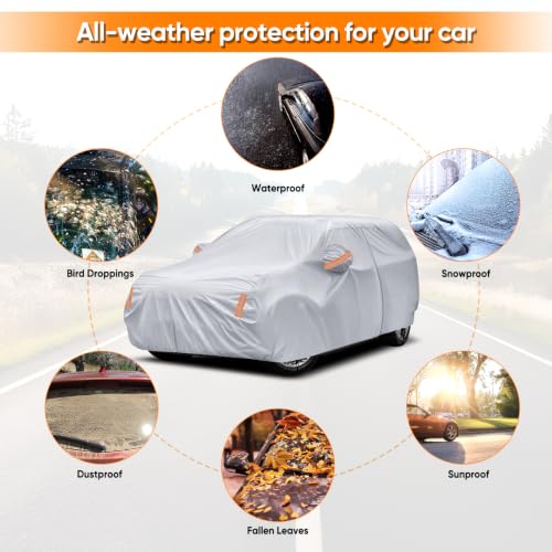 Image of SUV Car Cover All Weather Waterproof Fit for Ford Explorer,Toyota Highlander,Jeep Grand Cherokee,Dodge Durango,Honda Pilot,Hyundai Palisade,Lexus RX for Automobiles Universal Fit SUV Length Up to 201 inch