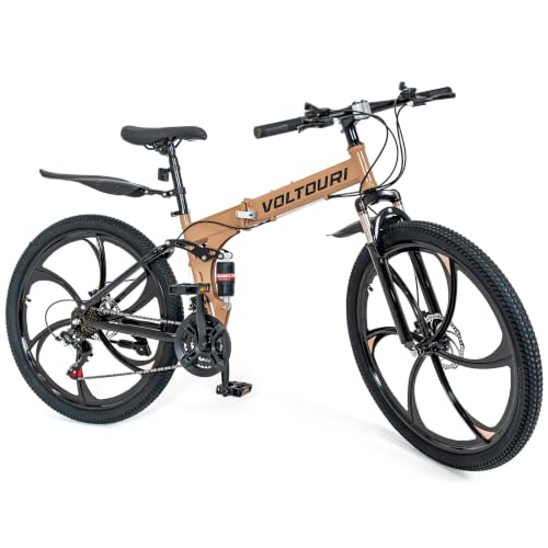 Vélo Tout Terrain Pliant 26'' pour adultes et adolescents, Shimano 21 vitesses, suspension intégrale, freins à disque mécaniques, cadre acier, brun clair