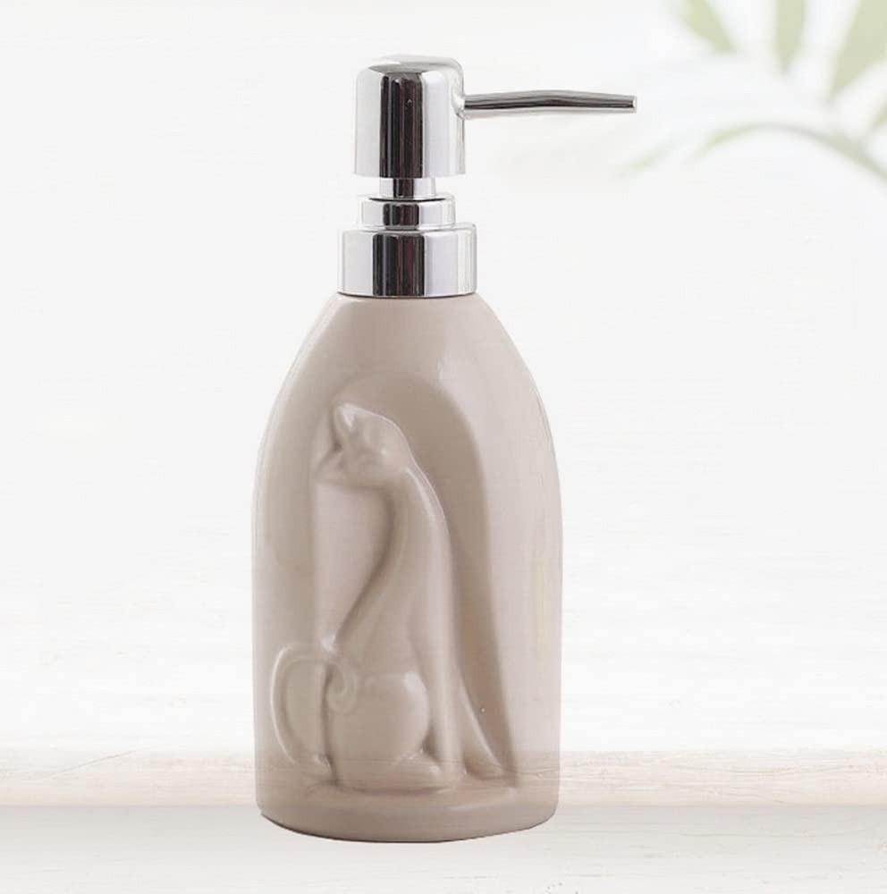 JJXZM Hand soap dispenser, bathroom bottles shampoo bottle pump dispenser Ceramic hand sanitizer bottle, Cat bottle (apricot)