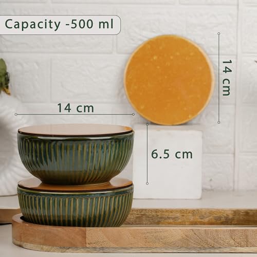 Image of The Earth Store Glam Green Ceramic Bowl Serving Set - 3 Bowls (500ml Each) with Wooden Tray, 3 Spoons & 3 Multipurpose Lids /Coaster - for Snacks, Curries, Desserts & Fruits