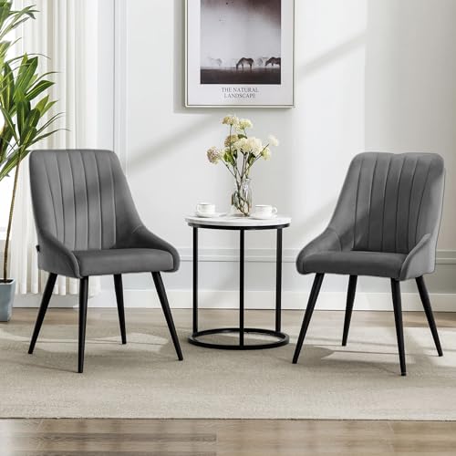 Image of Finch Fox Morris Velvet Dining Chair for Living Room, Bedroom, Home Office with Black Metal Legs in Dark Grey Color (Set of 4)