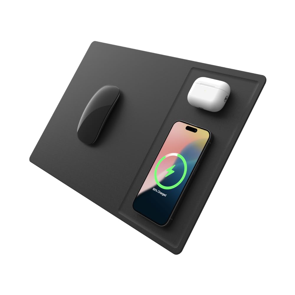 POUT Tappetino per mouse H3 PRO Dual Qi Wireless Charging - Doppio caricabatterie wireless veloce - per MacBook, laptop e scrivania - Ricarica iPhone, Airpods, Samsung Galaxy e altro (nero freddo)