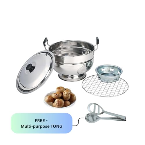 Image of Stainless Steel Bati Cooker & Gas Tandoor for Home Kitchen | Free Multipurpose SS Tong | Multi-Purpose Gas Oven with Heavy Duty Lid, Dual Riveted Handles