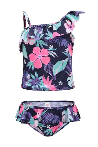 Girls Swimming Costume Two Piece Tankini Set Swimsuit Hawaiian Ruffle Swimwear Purple Age 7-8 Years