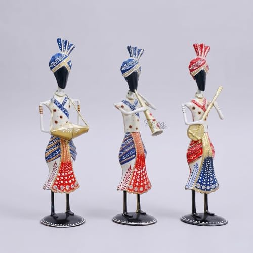 Image of Big Sardar Set of 3 White Handcrafted Rajasthani Musician Figurines, Traditional Metal Table Decor Showpiece for Office Desk, Corporate Bulk Gifting (2x3x13 Inch)