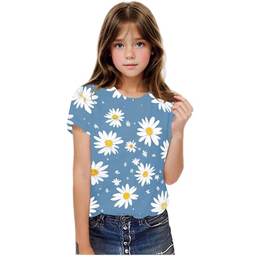 Kids Girls 2025 Fashion Summer T Shirts Crewneck Short Sleeve Blouse Daisy Floral Print Summer Tee Shirts4