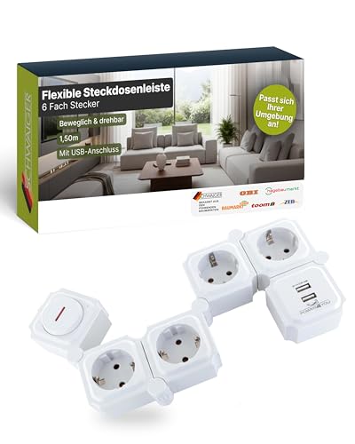 SCHWAIGER Flexible Steckdosenleiste mit USB I 4-Fach Mehrfachsteckdose + 2× USB-A I bewegliche Steckerleiste mit 180° drehbaren Modulen I Mehrfachstecker mit Schalter & 1,5 m Kabel