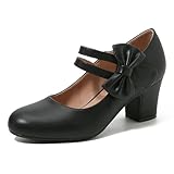 Enelauge Women's Mary Jane Heels Bow Retro Closed Round Toe Pumps Sweet Ankle Strap Block Heels Bowtie Vintage Dress Wedding Shoes Black 39-7.5US
