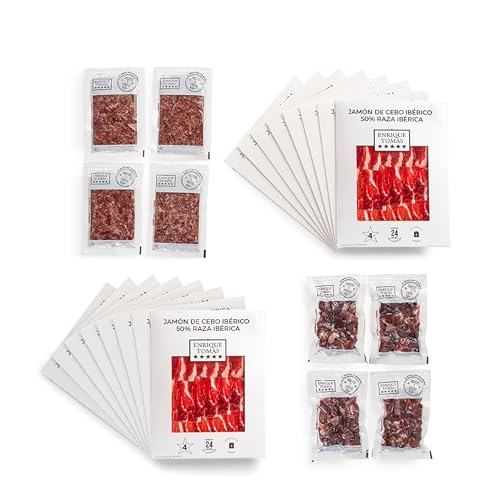 ENRIQUE TOMAS - Jamón de Cebo Ibérico 50% raza Ibérica - No te cortes | Loncheado - 29 sobres de jamón de 80gr + 4 sobres de taquitos 80gr + 4 sobres de virutas 100gr
