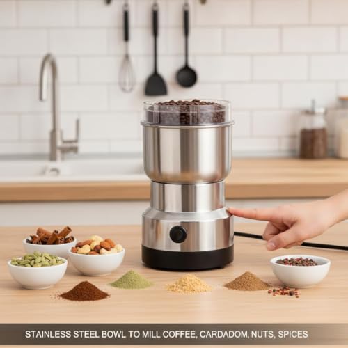 Image of Nima Electric Coffee & Spice Grinder 150W, Stainless Steel Mini Mixer Grinder for Dry Masala, Coffee Beans, Nuts, Seeds & Herbs, Multipurpose Portable Kitchen Grinder, Silver