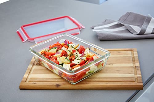 EMSA Clip & Close Glas Frischhaltedose, rechteckig, 3 L, 100 Prozent dicht, rutschfestes Stapeln, Glasbehälter spülmaschinen-, gefrier-, backofen-, mikrowellenfest, Rot, Transparent, N10412 6