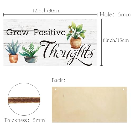 CREATCABIN Wood Sign Grow Positive Thoughts Wall Art Wood Plaque Hanging Sign Succulent Cactus Wall Decor Rustic Potting Walls Signs for Front Door Home Farmhouse Kitchen Housewarming 12x6Inch - Image 2