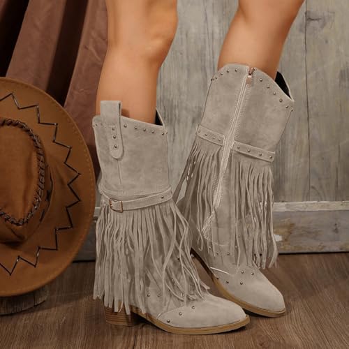 Fringe Cowboy Boots for Women Western Tassel Booties Fashion Studded Pointed Toe Riding Cowgirl Mid Calf Pull On Boots Side Zipper Retro Country Booties Chunky Heel Comfort Tall Boot2