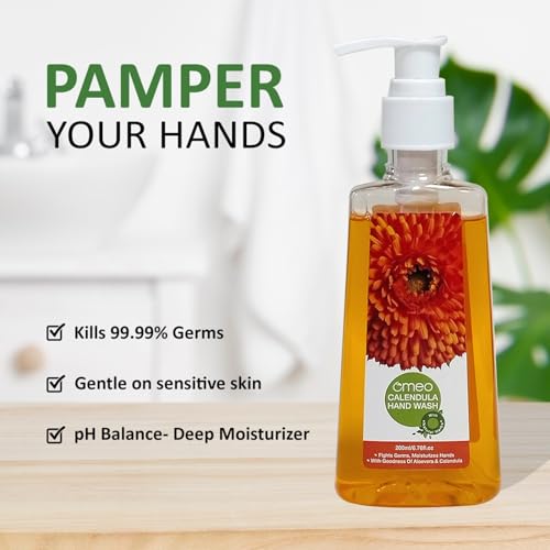 Image of Omeo Calendula Handwash Liquid Refill Pack Pouch 200ml for Germs Free, Soft & Moisturized Hand with Aloe Vera & Calendula | Tough on Germs & Dirt | Hand Wash Safe for All Types Skin, Daily Use