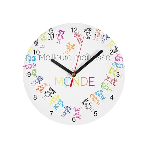 Fabulous Horloge Murale en Verre - La Meilleures Maîtresse du Monde Ronde en Forme de Coeur d'enfants Multicolores - Diamètre 20 cm - Blanc