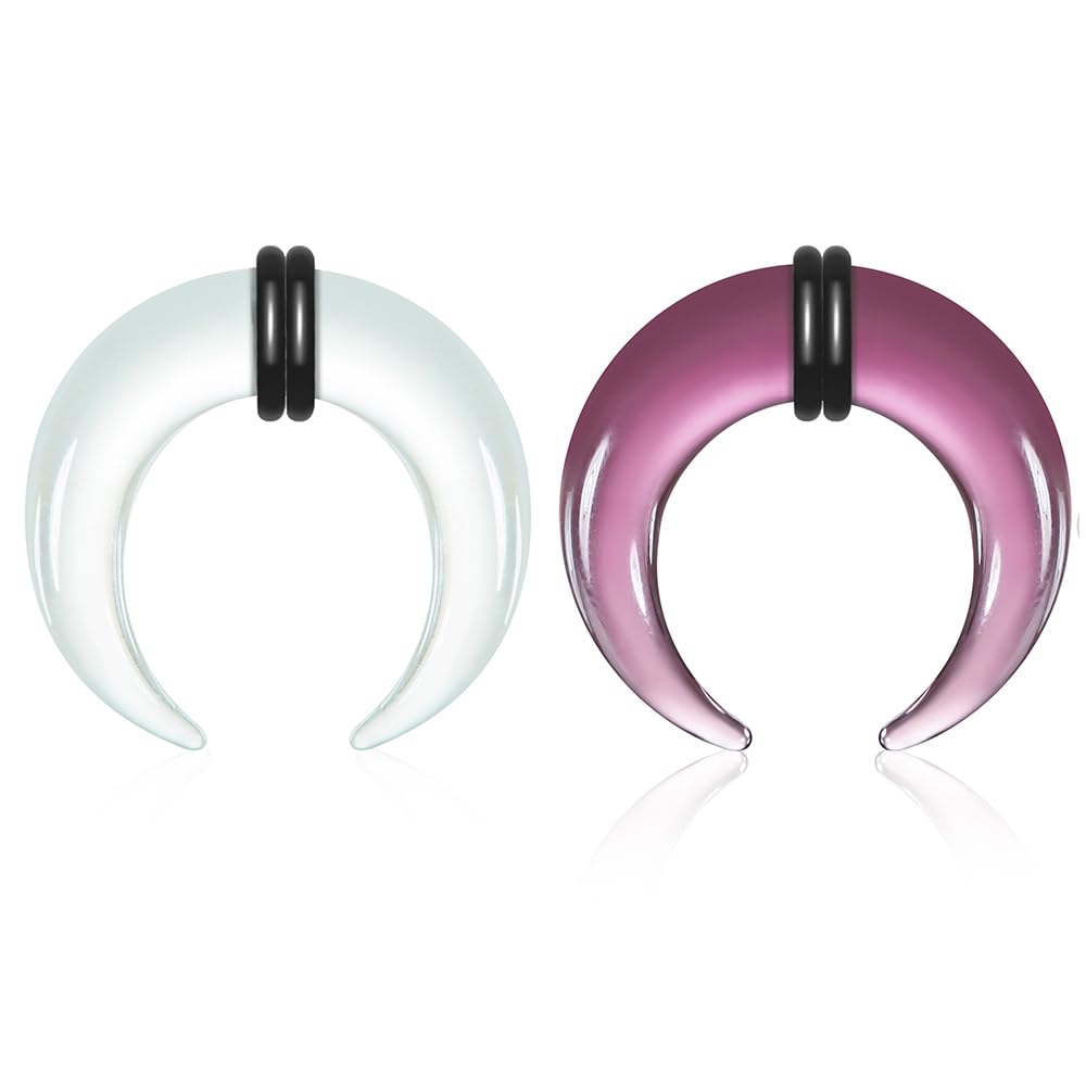 Twolobes 2PCS Glass Septum rings hoops,14G to 2G C Shape Pincher Tapers with O-Rings for Nose&Ear Jewelry Clicker Cartilage Earring Hinged Segment