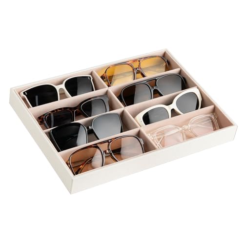 Frebeauty Sunglass Organizer PU Leather Glasses Organizer 8-Slot Sunglasses Tray Mens/Womens Sunglasses Box Sunglass Case 13.3 x 9.6 x 1.5 Inches Eyeglass/Eyewear Display Tray(White)