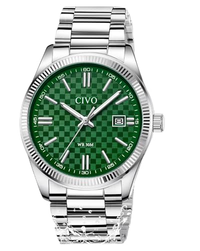 CIVO Analog Business Uhren Herren: Edelstahl Wasserdicht Quarz-Kleiduhr - Elegante Grün Kariertes Zifferblatt mit Leuchtzeigern und Datum für Stilvoller Geschäftsmann