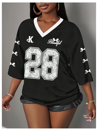 Image of RoseSeek Women's Jersey Shirts Number Graphic V Neck Football T Shirts Tops
