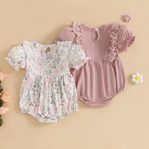 Merqwadd Baby Girl Bubble Romper Pack Short Sleeve Lace Bodysuit Vintage Newborn Summer Clothes4